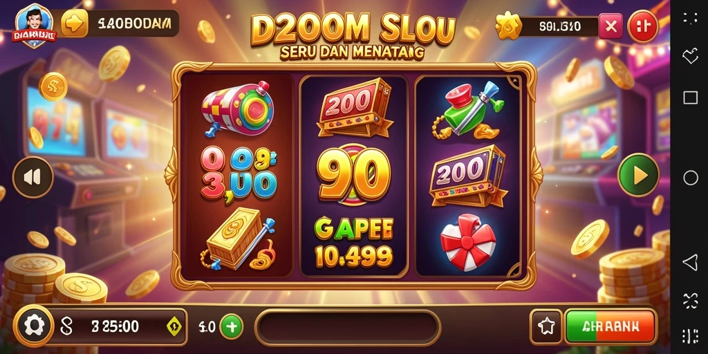 Screenshot D200M menampilkan gameplay slot yang penuh warna.