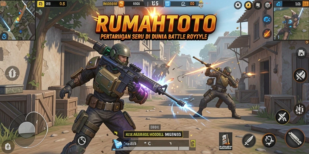 Screenshot utama RUMAHTOTO menampilkan pertarungan seru dalam Battle Royale.