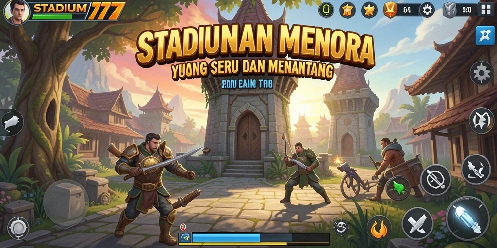Menara pertahanan berfungsi melawan gelombang musuh di STADIUM77.