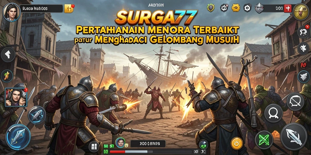 Screenshot gameplay SURGA77 menampilkan menara dan musuh dalam aksi.